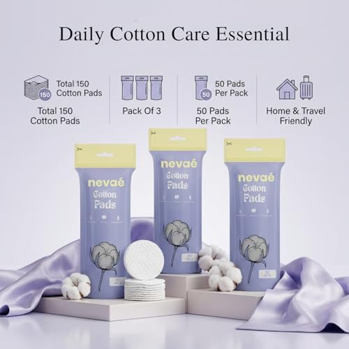 Image of Nevae Multipurpose 150 pieces Cotton Pads, 100% Cotton, Embossed Double Sided, for Skin Cleaning, Eye & Face Makeup Removal, Nail Polish Removal, Soft Round Facial Cotton Pads (50 Pcs (Pack of 3))
