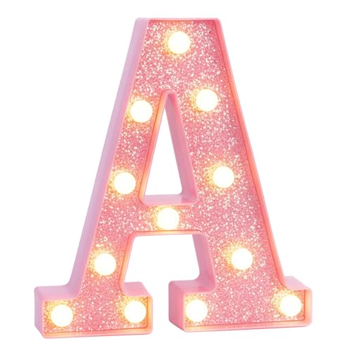 Image of Pink Marquee Light Up Letters, Glitter Alphabet LED Letter Lights for Pink Birthday Party Decorations, Battery Operated Letter Sign for Girls Room Vanity Table Decor, Warm White Lights Letter A