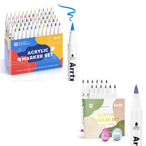 Arrtx The 72Pcs inlude 60A&12 Metalic Acrylic Paint Pens, Brush Tip for Rock Painting, Wood, Canvas, Stone, Ceramic, DIY Crafts Making Art Supplies