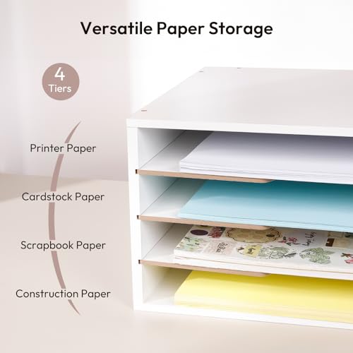 Image of Yumkfoi 12x18 Construction Paper Organizer, 4-Tiers Paper Storage Shelf, Wooden Desk Organizer, File Holder and Letter Tray for Office, Home, Classroom