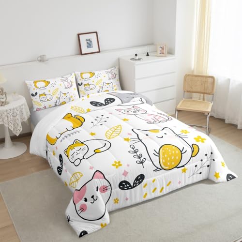 Image of Feelyou Cute Kitten Twin Comforter Set, Kawaii Pet Cats Cartoon Comforter Set for Kids, Girls, Cat Lover's Animal Themed Duvet Set, Microfiber Quilt Set