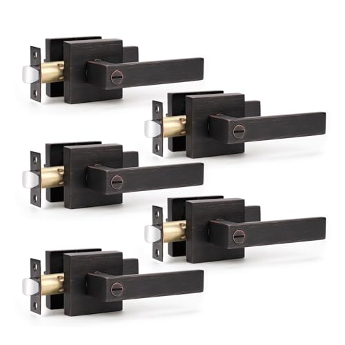 KNOBWELL 5 Pack Brushed Bronze Door Handle Lever, Modern Square Privacy Door Handle with Lock Interior Door Knob for Bed&Bath