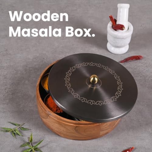 Image of Wooden Masala Box for Kitchen | 7 Stainless Steel Jars with Wooden Spoon | Stainless Steel Brass Lid with Knob | Multipurpose Spice Storage | GunMetal (Bloom Etching)