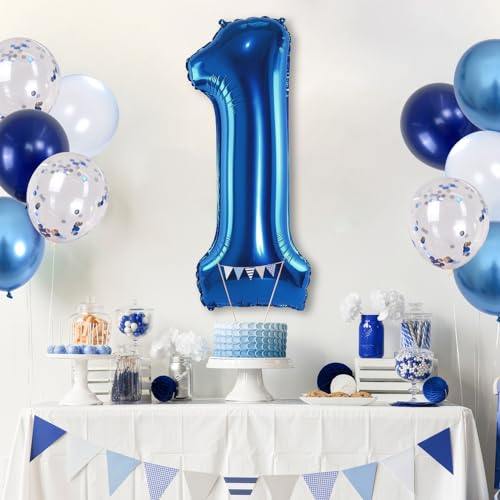 Image of Dark Blue Number 1 Balloon 40 Inch, Large Balloon 1 with Metallic Light Navy Blue Silver Confetti Balloon, Self Inflating Helium Foil One Balloons for Boys 1st Birthday Party Baby Shower Decorations