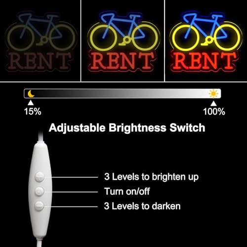 Image of Bicycle Rental Neon Sign for Wall Decor, Dimmable Bike Rental Shop Store Office illuminated Display LED Light, Red and Yellow Neon Lights for Bicycle Shop (Red)