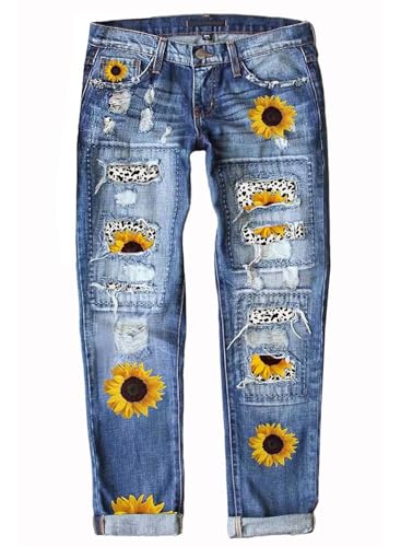 Astylish Women Sunflower Distressed Boyfriend Jeans Raw Hem Mid Waist Denim Stretchy Ripped Washed Ankle Pants Xx-Large, casual