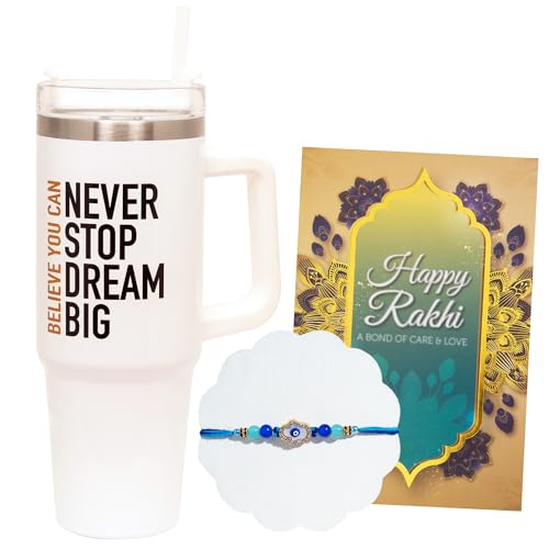Image of To The Nines Rakhi Gift Set for Brother - Rakhi With Tumbler With Handle Straw & Lid, Tilak Material & Greeting Card