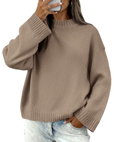 BTFBM Sweaters for Women 2026 Casual Crewneck Long Sleeve Loose Ribbed Knit Pullover Sweater Winter Clothes Fall Outfits(Grey Khaki, X-Large)