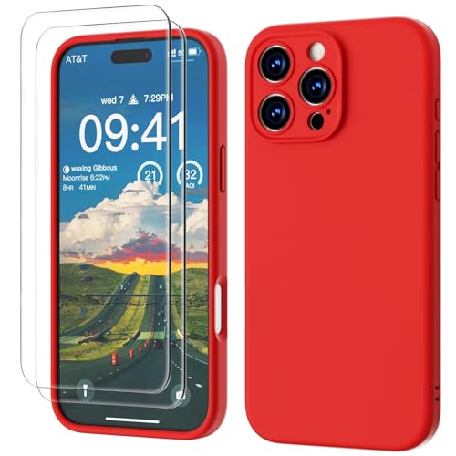 GOODVISH 3 en 1 Funda iPhone 16 Pro Silicona Líquida, Carcasa con 2 x Templado Protectora, 360 Protección de Cuerpo Completo la Pantalla y la Cámara [Anti-Choques] iPhone 16 Pro Case 6,3', Rojo
