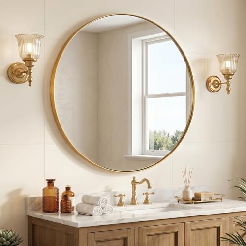 Image of ANDY STAR Champagne Bronze Mirror, Large Round Mirrors for Bathroom, 40 Inch Brushed Gold Round Mirror with Anti-Rust Metal Frame, Heavy Duty, Ideal for Home Remodel