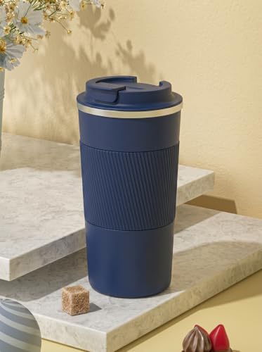 Image of Aeon Travel Mug, Insulated Coffee Cup with Leakproof Lid,Vacuum Insulation Stainless Steel Reusable for Hot Cold Coffee, Non-Slip Protective Cover (Blue)