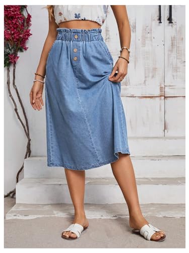 GORGLITTER Women's Blue Jean Midi Denim Skirt Frill Trim Elastic Waist A Line Skirts4