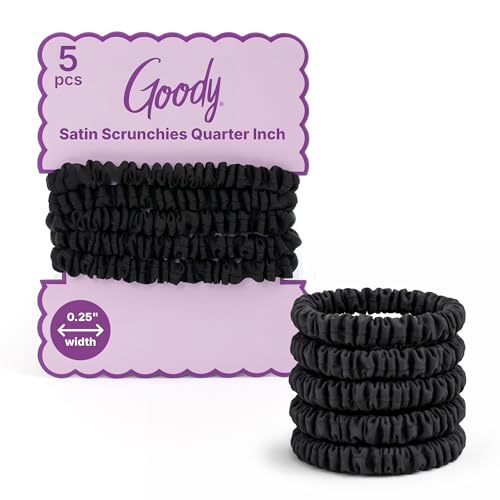 Goody Ouchless Quarter Inch Satin Scrunchies Frizz Fighting No Damage Scrunchies All Hair Types Gentle Secure & Creaseless Hair Ties for Day and Overnight Gifts for Women & Girls 5 Ct Black