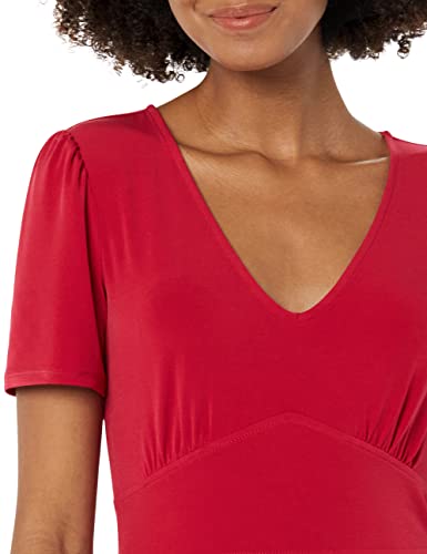 Image of Amazon Essentials Women's Short Sleeve V-Neck Gathered Flattering Fit and Flare Dress