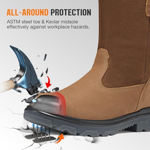 Image of NINGO Steel Toe Work Boots for Men, Waterproof Wellington Mens Boots with Full Grain Leather, Slip Resistant and Puncture Proof, Pull-On Work Shoes for Construction, Industrial and Farming
