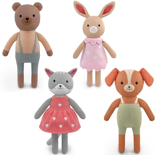 4 Pack 12 Inches Stuffed Animals Handmade Cotton Cute Small Animals Dog Cat and Forest Animals Soft Bunny Teddy Bear Plush Toy for for Toddlers, Kids, Adults, Baby Shower Decor Christmas Easter Gifts