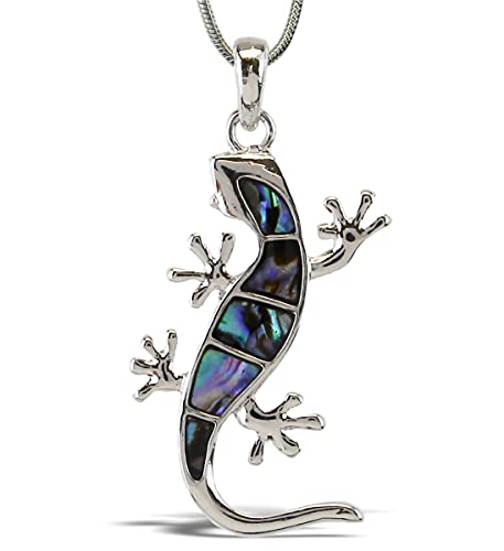 Aqua79 Gecko Necklace Jewelry - Authentic Pendant Made With Natural Paua Abalone Shell With Silver Snake Chain Necklace, Unique Charm Jewel for Daily, Casual & Formal Occasions - 18 Inch