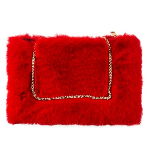 FHQHTH Faux Rabbit Fur Purse Fuzzy Handbags for Women Evening Handbags Al alloy Shoulder Strap [Rabbit Red]