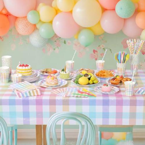 Image of Funnymoom 452 Pcs Pastel Easter Party Decoration for 50, Spring Easter Paper Plates Napkins Cups Tablecloth Cutlery Straws Rainbow Pastel Gingham Plaid Tableware for Spring Birthday Party Supplies