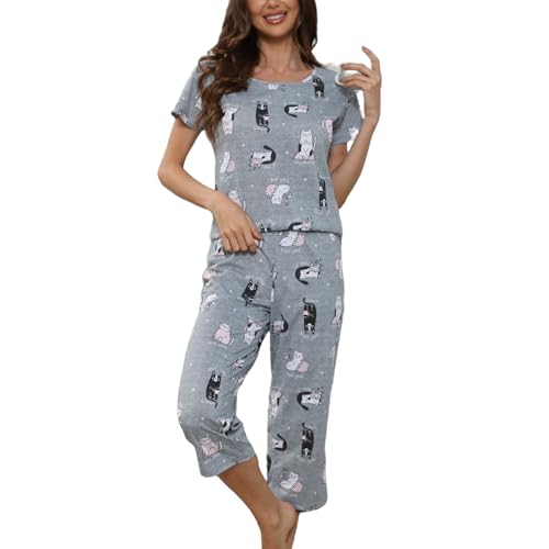 Inadays Womens Cotton Pajama Sets Short Sleeve Top With Capri Pants 2 piece sets for Women Summer Pajamas Lounge Set