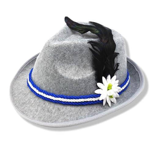 BF Souvenirs bayerischer Party Hut Trachtenhut JOSEF hellgrau mit Feder und Hutband Fendora - Tracht Karneval Oktoberfest Volksfest Fasching