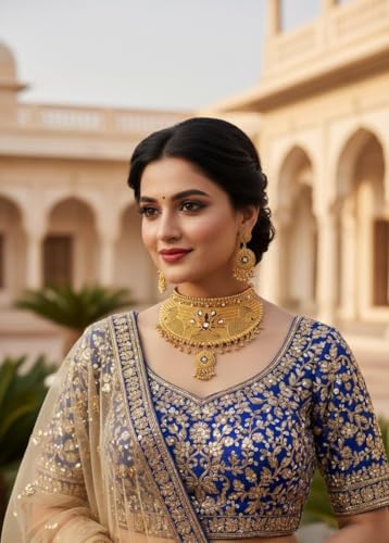 Image of Rajpooti Rajwadi Gold Plated Choker Necklace Set for Women with Matching Earrings | Traditional Bridal Wedding Jewelry | Ethnic Rajasthani Statement Necklace | Adjustable Dori Closure