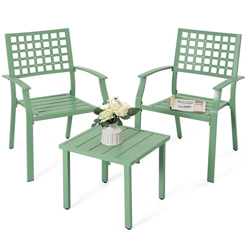 Avestar Ensemble Bistro 3 Pièces, Petit Mobilier de Patio Toutes Saisons, 2 Chaises Métal Empilables avec Table d’Appoint Carrée, Design à Lamelles...
