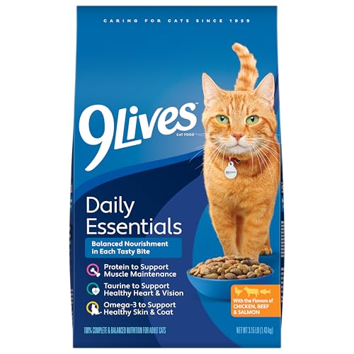 9Lives Daily Essentials Dry Cat Food for Adult Cats with Chicken Beef & Salmon Flavors 3.15 lb. Bag (Pack of 4)