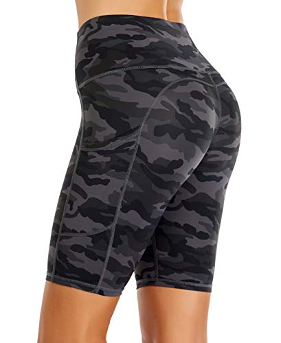 Oalka Women's Short Yoga Side Pockets High Waist Workout Running Shorts Multi Camo Grey Large #TOP1