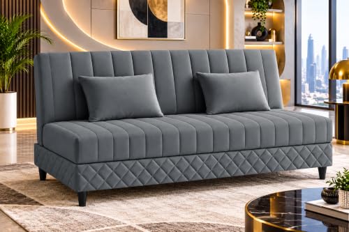 Image of 3-Seater Velvet Sofa Cum Bed | Tufted Convertible Sleeper Sofa | Plush Cushioned Seating | Space-Saving Design for Living Room, Bedroom & Office | Grey