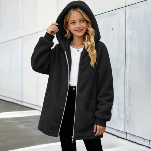 Girls Fleece Jacket with Hood Zip Up Long Winter Coat with Pockets Fall - image 6