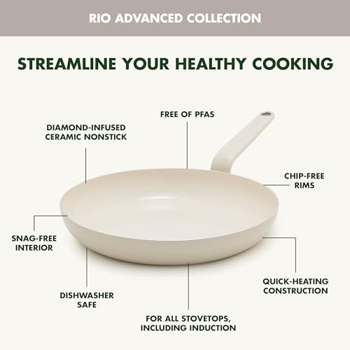 Image of GreenPan Rio Advanced 10 inch and 12 inch Frying Pan Skillet Set, Ceramic Nonstick PFAS-Free Pans, Induction Ready, Dishwasher and Oven Safe, Cream White