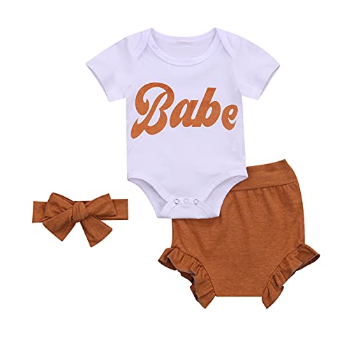 Newborn Baby Girl Clothes Set Babe Printed Romper Jumpsuit Bodysuit Ruffle Shorts Pants Headband 3Pcs Summer Outfit Set (White Babe, 0-3 Months)
