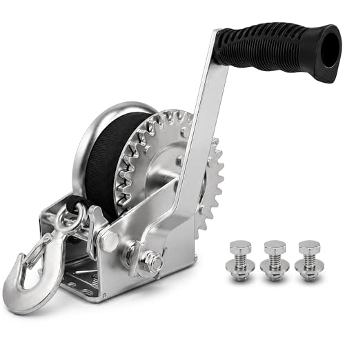 BRAWFULL 1600lbs Heavy Duty Boat Trailer Winch with 26FT Strap Dual-Direction Ratchet 4:1 Gear Ratio Portable Hand Crank Trailer Winch