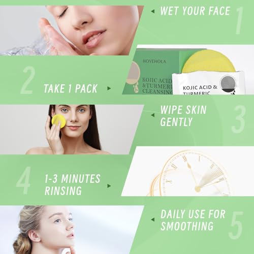Kojic Acid Cleansing Turmeric Pads: 30 Packs Individually Wrapped Face Makeup Remover - Face Scrub Pads