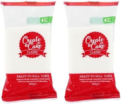 Create A Cake Ready To Roll Icing | White Fondant Icing | Palm Free Sugar Paste For Cake Decorating, Cupcakes, Cookies, Cakes - 200g (Pack of 2)