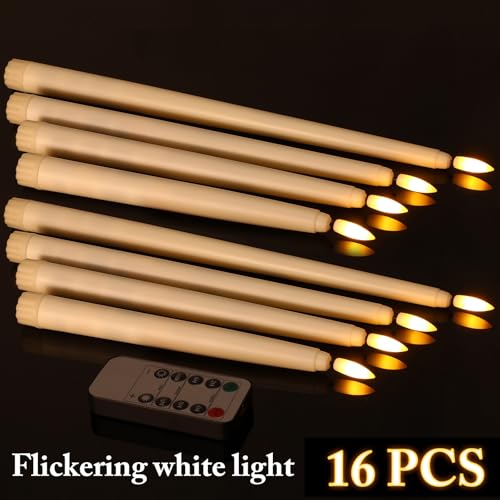Image of Rossesay 16 Pcs Ivory Flameless Taper Candles Battery Operated Candles with Remote Timer 8.5 inch 9.6 inch 10.8 inch 12.8 inch LED Flameless Flickering Candlestick for Halloween Christmas Wedding Party Decor