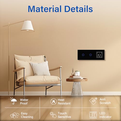 BSEED Touch Lichtschalter mit Steckdosen doppelte 1 Fach 1 Weg Wandschalter mit einer Steckdose Unterputz Touchscreen-schalter mit Glasrahmen 228mm Schwarz