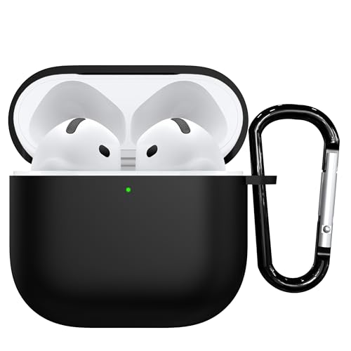 Image of Sounce Silicone Case Cover Compatible with AirPods 4th Generation 2024 Soft Shockproof Skin Protective Cover with Front LED Visibility Wireless Charging Support Keychain Accessory (Black)
