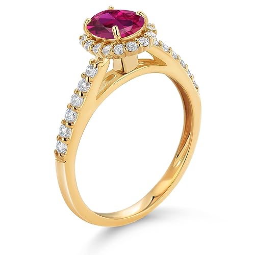 Gem Stone King 10K Yellow Gold Gemstone Birthstone and Lab Grown Diamond Halo Engagement Ring | Oval 7X5MM | Wedding Anniversary Promise Gold Ring For Women3
