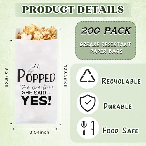 Image of Sunnychicc 200 pcs He Popped the Question Popcorn Bags Engagement Party Favors Wedding Bridal Shower Engaged Goody Snack Treat Bag Grease Resistant
