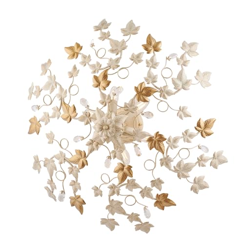 Plafoniera Shabby 6 Luci Ferro Battuto Avorio Oro Foglie e Cristalli Serie Edera