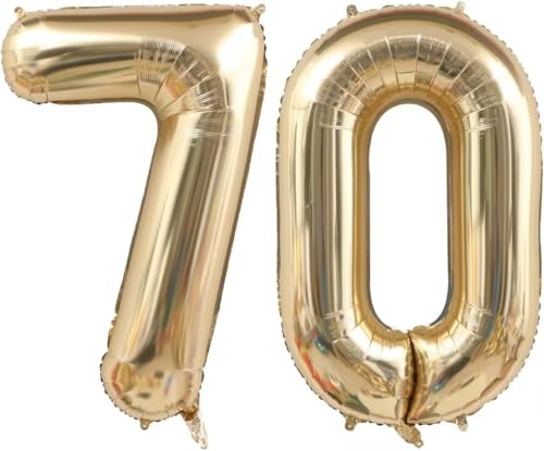 Image of Light Gold 70 Balloon Numbers, 40 Inch Large 70th Birthday Balloons, Helium Mylar Foil Number 70 Balloons Champagne Gold Birthday Party Decorations Supplies for Men Women