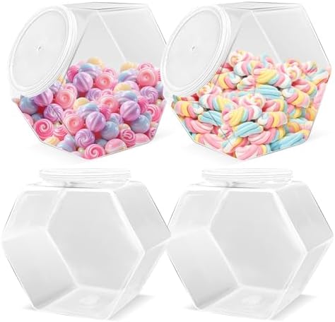 4 Pack Plastic Candy Jars with lids,71Oz Clear Cookie Jars,Hexagon Candy Containers for Candy Buffet,Snacks,Food,Coffee Pod,Dog Treats,Washing Powder,Kitchen Storage