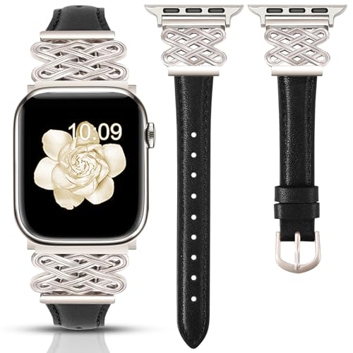 Image of Newlibery Leather Band for Women Slim Dressy Bands Compatible with Apple Watch 38mm 40mm 41mm 42mm 44mm 45mm 49mm, Designer Interlock Buckle Strap for iWatch Series 10 /9 /8 /7 /6 /5 /4 /3 /2 /1 /SE /Ultra