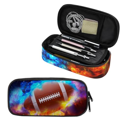 Image of Rugby American Football Pencil Case for Sports Boys Girls, Large Capacity Black Pen Bag with Water and Fire Pattern, Pencil Pouch with Zipper Compartments, Organizer for School Office Business