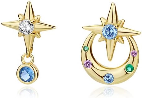 Moon Star Earrings Studs, 925 Sterling Silver Zirconia Earrings Dainty Moon Studs Earrings Star Drop For Women asymmetric Retro
