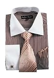 Viviz Forancci Men's Pinstripe Two Tone with White Collar and Cuffs, Dress Shirt with Tie Set, French Cuff & Cufflinks FL631-Brown-17-17 1/2 34-35