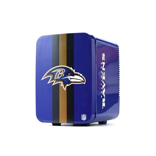 Image of Ukonic NFL Baltimore Ravens 15-Can Mini Fridge 10L - AC /DC Powered, Official Team Colors & Logo, Portable Cooler for Tailgates, Home, Office, or Car