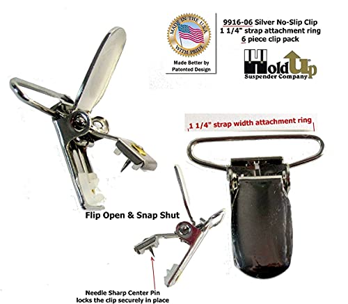 Image of Holdup 1.25 inch Silver No-Slip replacement suspender patented clips 6 pack